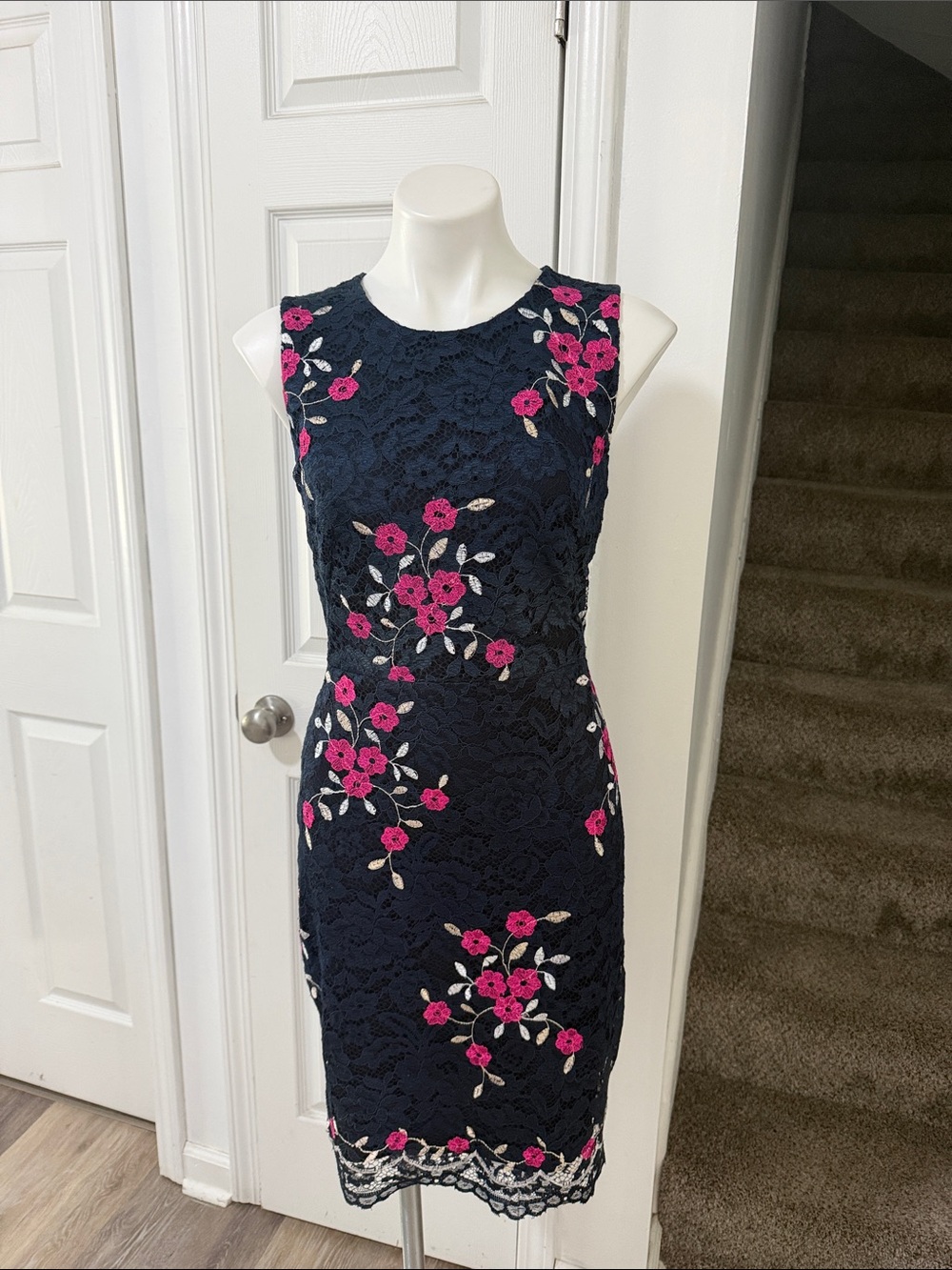 DKNY Navy Lace Sheath Dress with Pink Floral Embroidery Size 10